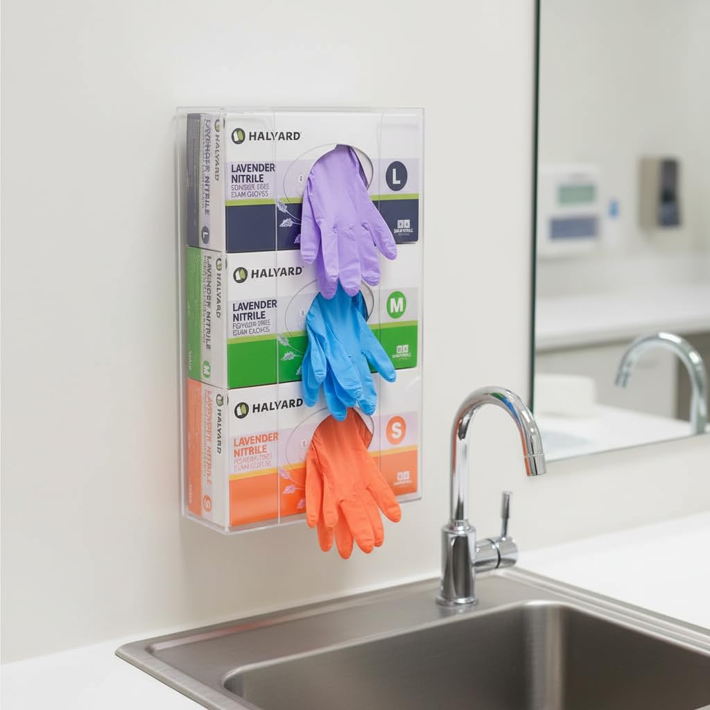Azar 255630-2PK Acryl-Handschuh-Spenderhalter, Wandhalterung, Handschuh- und Gesichtstücher-Drahtständer für Küche, Reinigungsschrank, Labor, Prüfung, Büro, Labor, Gesundheitswesen (3 Handschuhbox), 2