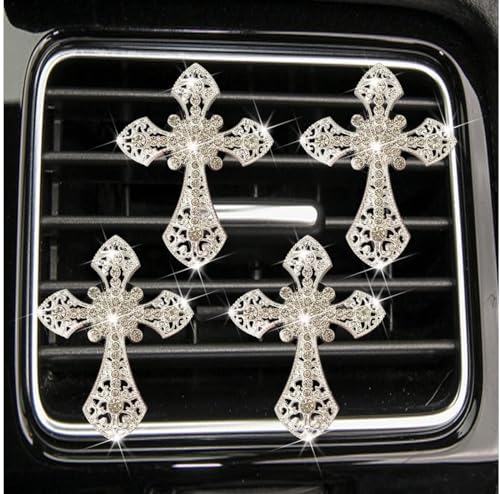 Image of 4Pcs Bling Cross Air Vent Clips,Crystal Car Vent Clip,Interior Accessories,Air Fresheners Vent Clips Car Diffuser Vent Clip Rhinestone Diamond Cross Car Decoration Car Interior Decor Car Accessorie