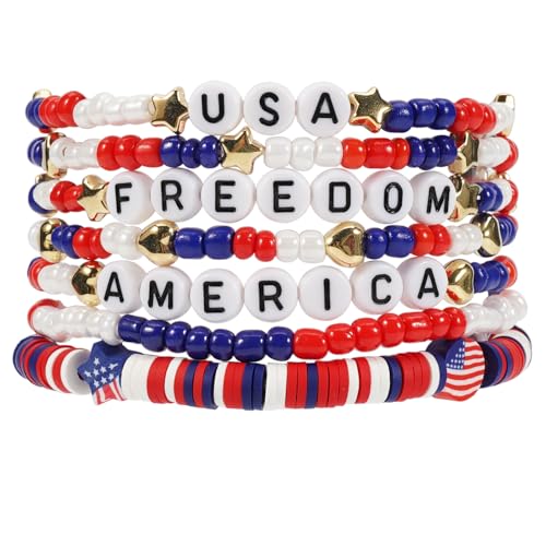Twinfree 7pcs American Flag Patriotic Bracelet USA AMERICA FREEDOM Independence Day Bracelet (9.4 inch)