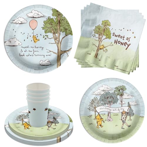 Winnie the Pooh Bear 1st Birthday Party Supplies - 64 Piece First Birthday Tableware Set Includes Large 9