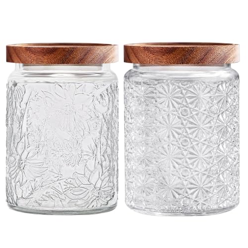 Image of Vintage Glass Jars with Wooden Lids, 2 Pack 24 oz Airtight Glass Food Storage Containers Sets for the Kitchen, Sugar Coffee Candy Spice Cookie Tea Pasta