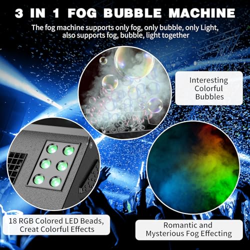 Máquina de humo de 2000 W, máquina 3 en 1 para humo y burbujas con 2 ventiladores de burbujas y 18 luces LED RGB de 7 canales, efecto escénico para fiestas, Halloween y Navidad miniatura 5