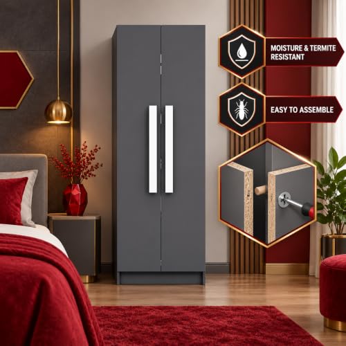 Image of Bniture Wooden Almirah for Clothes, Door for Bedroom, 2 Door Wardrobe with 4 Shelves Huge Storage Space (46D x 60W x 182H CM) | 3 Year Warranty (Slate Grey)