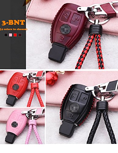 Genuine Leather Key Case Cover Shell For Mercedes-Benz 3-Button Keyless Entry Remote Control Smart Car Key Protection Fob Skin Cover Etui With Braided Key Chain & Key Rings In Pink #TOP3