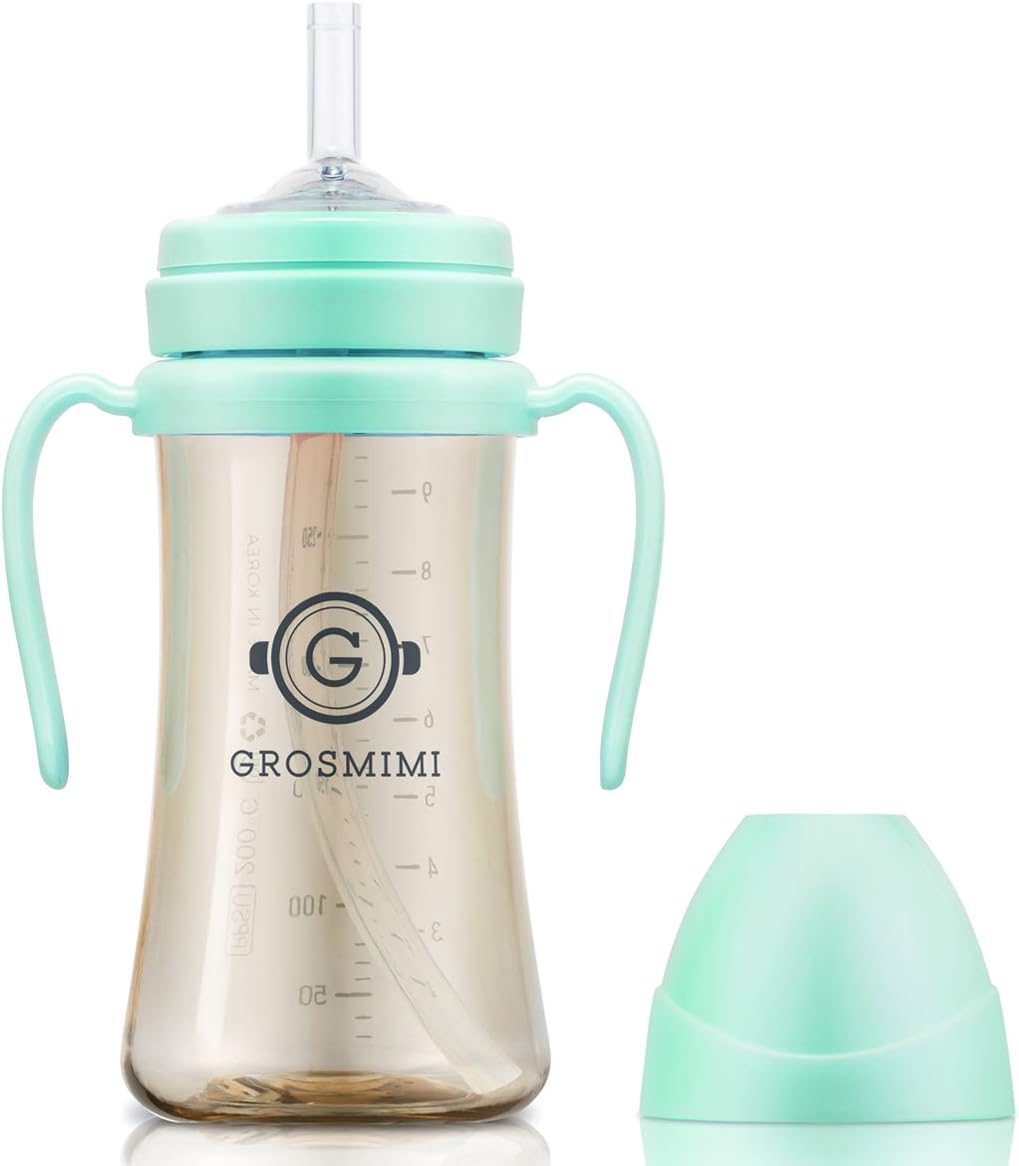 GROSMIMI Spill Proof no Spill Magic Sippy Cup with Straw with Handle for Baby and Toddlers, Customizable, PPSU, BPA Free 10 oz (Aqua green)