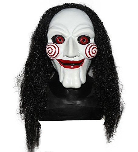 shoperama Masque en latex de qualité supérieure Saw avec cheveux Masque en latex Jigsaw Horreur Halloween