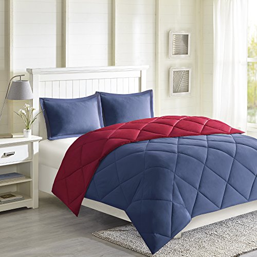 Image of Madison Park Larkspur All Season Reversible Two Sides Down Alternative Comforter Set 3M Stain Release Comforters, King, Red /Navy