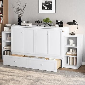 Bellemave Queen Size Murphy Bed, Cabinet Bed with 2 Shelves and Storage Drawers, Farmhouse Murphy Cabinet, Noisy Free, for Guest Bedroom, Living Room, Office, White