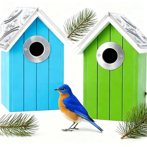 2PK Cedar Bluebird House, Wooden Bird House for Outside, 1.5' Entrance Hole Size, Stainless Steel Entrance Hole Protector, Silver Metal Roof, Colorful Garden Decorative (Green+Blue) Updated Version