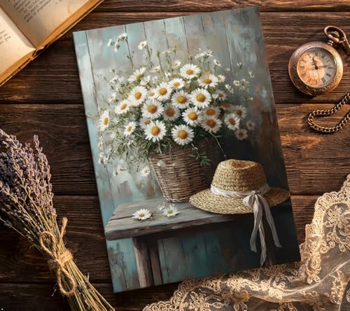 Image of WBNJXNZ Rustic Farmhouse Daisy Floral Canvas Wall Art Vintage Country Floral Wall Decor Flower Still Life Botanical Straw Hat Prints Artwork For Living Room Bedroom Bathroom Home Decoration
