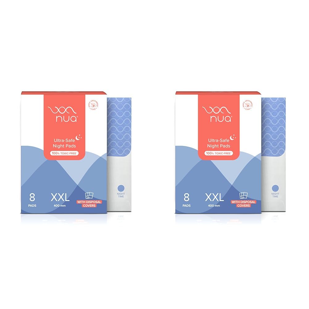 Nua Ultra-Safe Night Pads 400 Mm Xxl|60% Larger Absorbent Core|60% Wider Back With Hydrophobic Leak Guards|Breathable And Super Soft Top Sheet|Convenient And Hygienic Disposal,Pack Of 16
