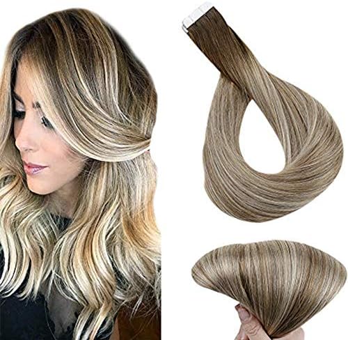 Full Shine Invisible Tape In Human Hair Extensions 16 Inch Balayage Color 3 Darker Brown Fading To 6 Chestnut Brown And 22 Blonde Highlighted Seamless Skin Weft Human Hair 50 Gram Glue On Remy Hair