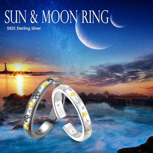 Sun and Moon Ring Set 925 Sterling Silver Adjustable Promise Rings for Couples Bestie Rings Matching Ring Celestial Jewelry Gifts for Best Friends Couples Mother Daughter2