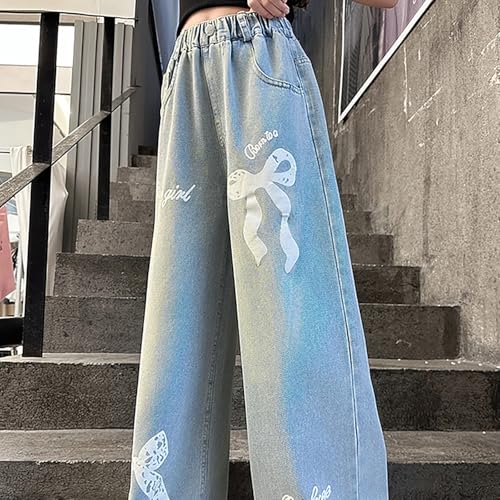 Bows Jeans for Girls Baggy Wide Leg Denim Pants Kids Cute Elastic Straight Trousers Trendy Y2k Streetwear with Pockets4