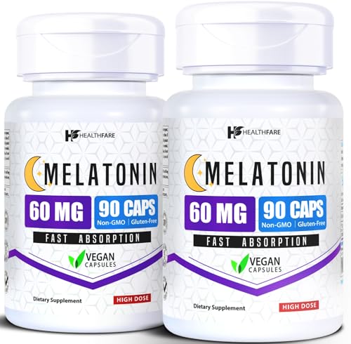 HealthFare Melatonin 60mg | Pack of 2 | 90 Veg Capsules Each | High-Strength Formula | Vegetarian Non-GMO Gluten-Free | Made in the USA