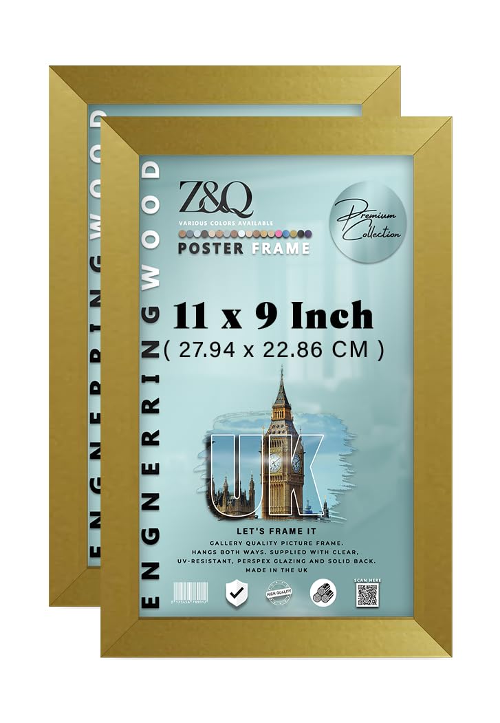 Z&Q Pack of 2 MDF Wood 11 x 9 Inch Poster/Picture Frame | Ideal for Wall Gallery (27.94 x 22.86 CM) Frame for Art and Home Décor [ Gold ]