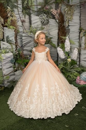 Cute Flower Girl Dress Scoop Neck Pearls Lace Applique Tulle Ball Gown Skirt Long Girls Formal Dress with Bow2