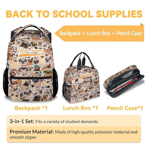 Custom Kids Backpack with Lunch Box, 3Pcs Elementary School Backpacks Matching Combo, Cute Black Pug Dog Bookbag and Pencil Case Bundle3