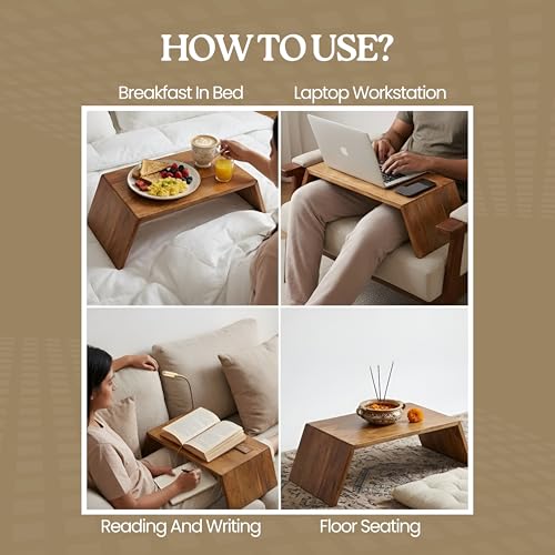 Image of Wooden Bed Table: Rustic Foldable Breakfast & Laptop Serving Tray | Multipurpose Portable Desk