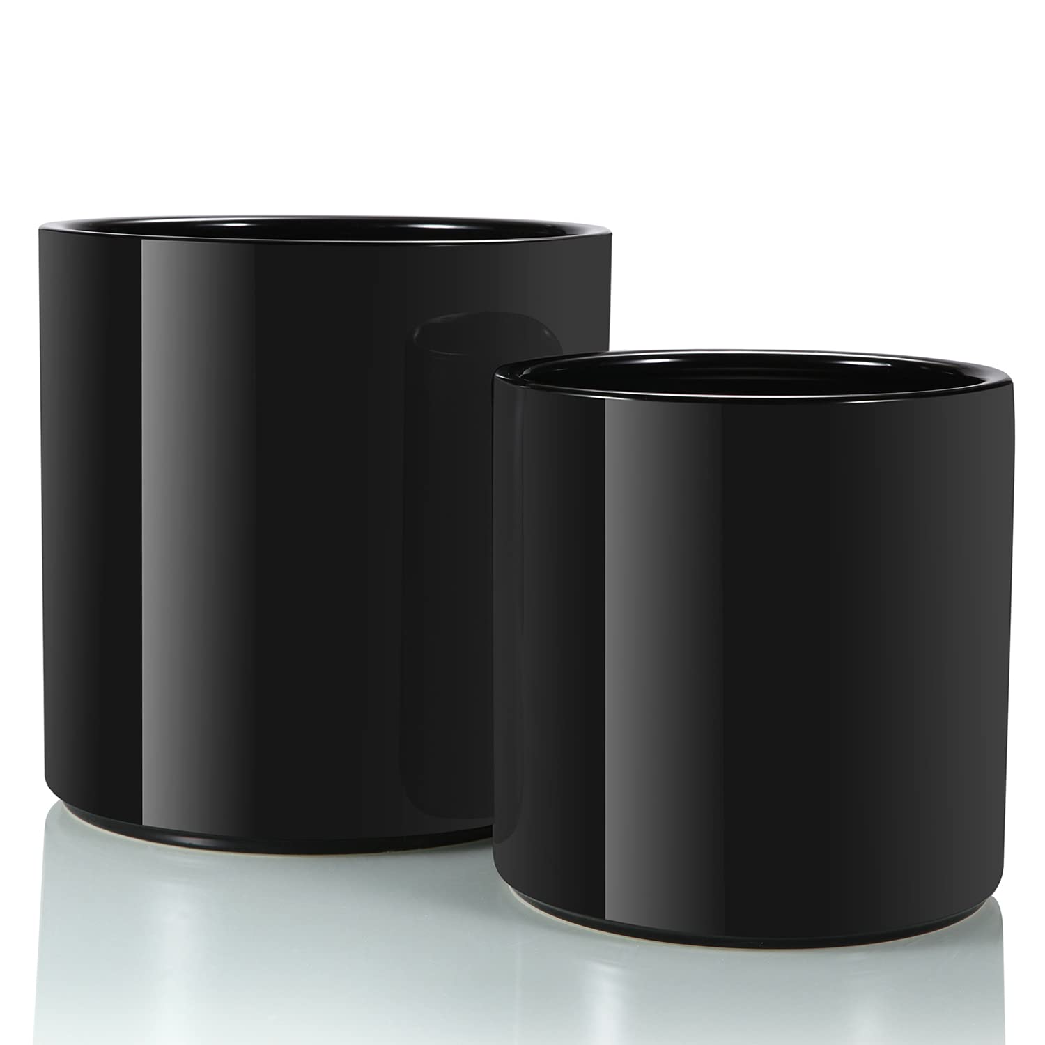 FOPAMTRI 8 Inch 10 Inch Glossy Black Ceramic Planter Set Sleek Plant Pot for Indoor Outdoor Plants Flowers Small Modern Cylinder Flower Pot with Drainage Hole and Plug,Full Glazed Finish