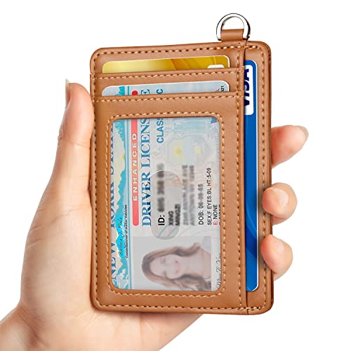 Image of Slim Minimalist Front Pocket Wallet, RFID Blocking Credit Card Holder Wallet with Detachable D-Shackle for Men Women, Cowhide Glossy Brown, M, Minimalist