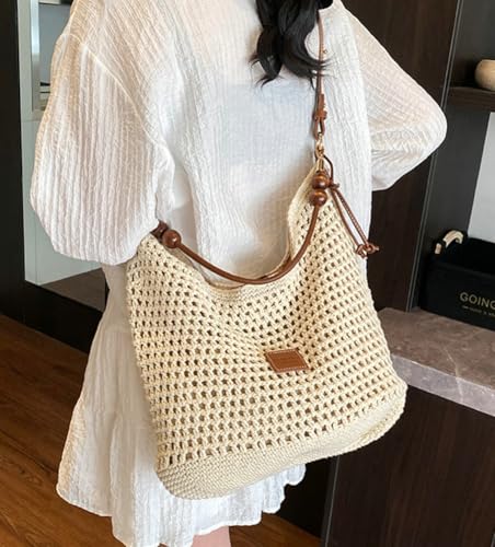Straw Beach Bags for Women Crochet Tote Bag Slouchy Shoulder Purse with 2 Straps Soft Boho Woven Crossbody Bag Summer2