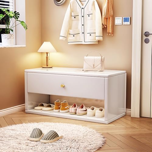 木製シューラックキャビネットオットマン、クローゼット用収納付き、玄関ベンチ、玄関棚オーガナイザー、引き出し付き、大型快適シート、複数のカラーオプション(グレー、31.5インチ) (ホワイト 31.5インチ)