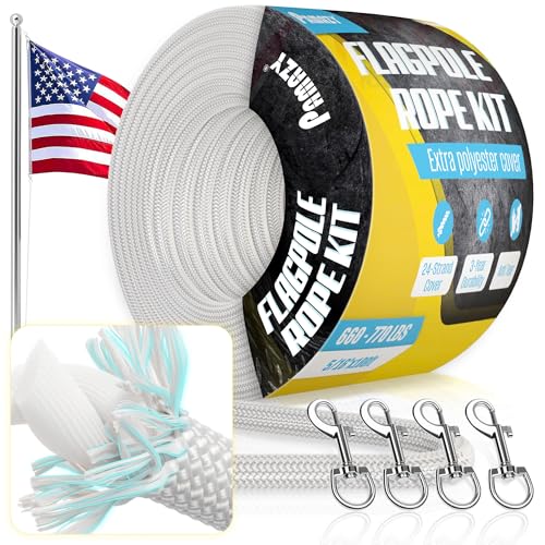 [Super Durable] 100FT x 5/16 Flagpole Rope Kit- Extra Polyester Cover 770LBS Breaking Strength 3-Year Durability Flagpole Halyard & 4Pcs Swivel Snap Clips Anti-Tear Rope for Flagpole Utility Use