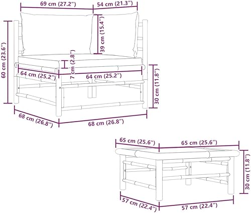 Miniatura 3 de vidaXL Juego de 2 muebles de patio para exteriores con cojines acolchados gruesos, material de bambú, ligero, diseño modular, color gris oscuro