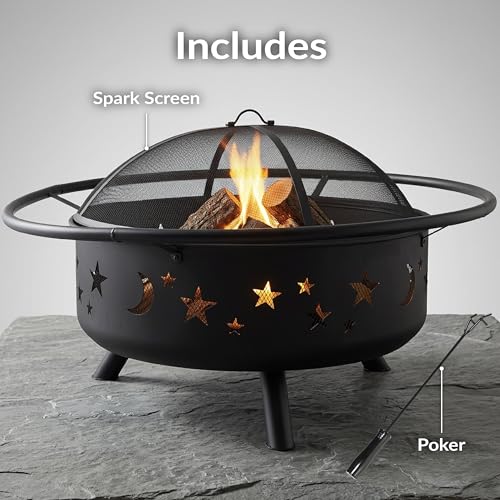 Image of Sunnydaze Cosmic 42-Inch Large Outdoor Fire Pit - Wood-Burning Firepit for Outside Patio, Backyard, Deck - Steel - Wood Grate, Spark Screen, and Fireplace Poker Included - Black - 31 inch Bowl Diameter