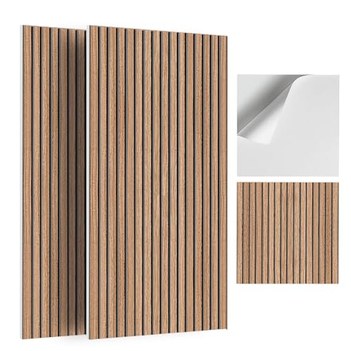 JBER Akustikpaneele Selbstklebend 6St., 3D-Gerillte Lamellen Schallschutzplatten, Dekorative UV-Bedruckte Holzimitat-Faserplatte für Tonstudio, Büros, Haus, 60×60×1cm, Natürliche Walnusstönung