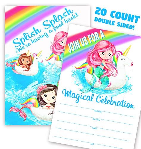 Mermaid Unicorn 20 Invitations - 20 Invitations + 20 Envelopes - Double Sided - Pool Party Invitations - Mermaid Party Supplies - Unicorn Party Supplies - Mermaid Unicorn Party - MU 20ct