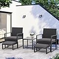 JOIVI 5 Pieces Patio Bistro Set, PE Wicker Outdoor Patio Furniture Set, Modern Rattan Patio Chairs with Table & Ottomans, Patio Conversation Sets for Balcony, Front Porch, Poolside, Gray Cushion
