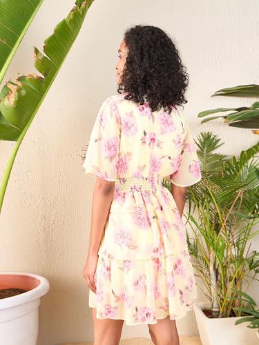 Image of SASSAFRAS Women's Layered Hem Short- Floral Printed Flared Sleeve Layered Georgette Fit & Flare Dress