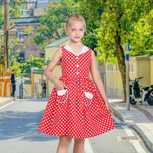 Sunny Fashion Girls Dress Blue Polka Dot Pocket Pleated Summer Sleeveless Cotton2
