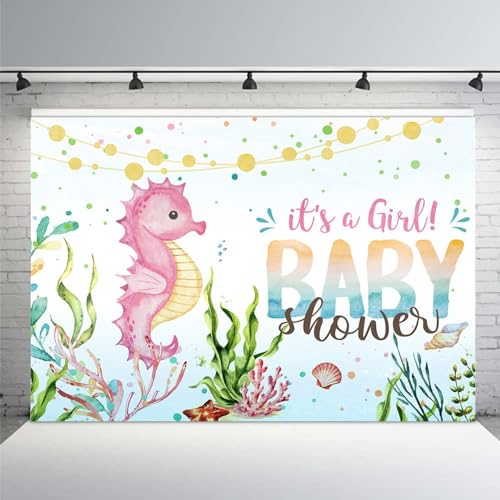 MEHOFOND 8x6ft Girl Baby Shower Pink Seahorse Backdrop Under The Sea Corals It's A Girl Watercolor Background Shell Dessert Table Supplies Photo Booth Banner Props
