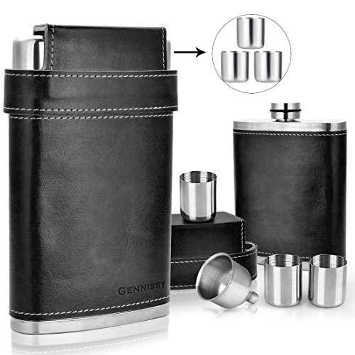 GENNISSY 18/8 Stainless Steel 8oz Flask - Americal Flag Black Leather with 3