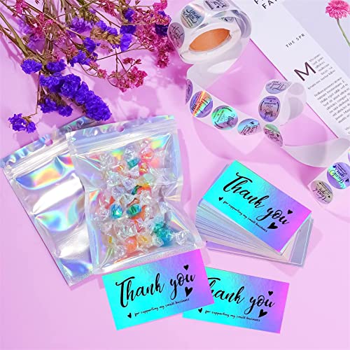 630 Pieces Thank You Cards and Stickers Set including 30pcs Resealable Packaging Bag 500pcs Small Business Roll Stickers 100pcs Thank You Business Card for Business (Holographic) - Image 3