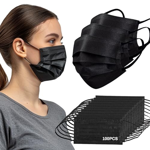 MAQIHAN Black Disposable Face Mask - 3 Ply Black Filter Protection Masks Comfortable, Soft, Breathable Daily Use For Adults Home, Office, School,and Outdoors 100 PCS