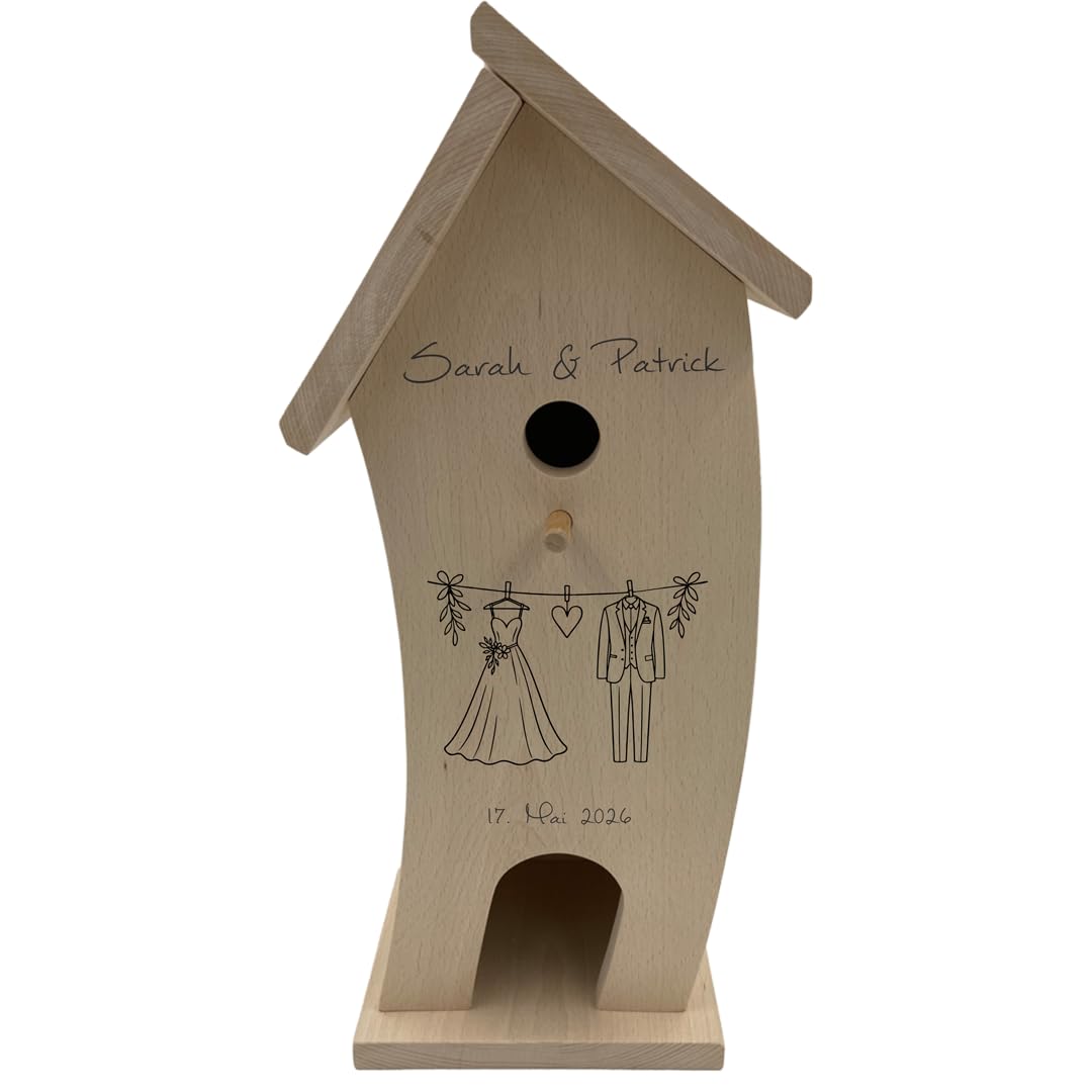 Personalisiertes Vogelhaus zur Hochzeit | Vogelhaus mit Namen als Gravur (Wäscheleine, Standard)