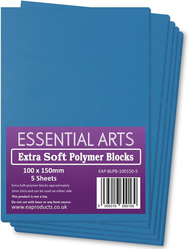 Essential Arts Extra Soft 100 x 150mm Double Sided Blue Polymer Blocks Pack of 5 – 3mm Super Soft Relief Printing Sheets for Easy Lino Carving Art and Craft