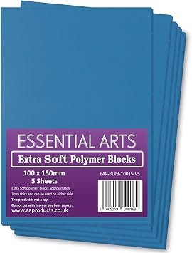 Essential Arts Extra Soft 100 x 150mm Double Sided Blue Polymer Blocks Pack of 5 – 3mm Super Soft Relief Printing Sheets for Easy Lino Carving Art and Craft