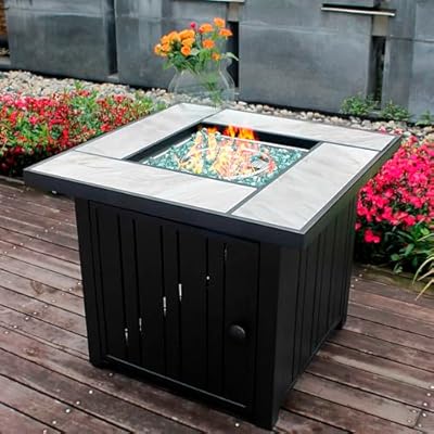 OutVue 30" Propane Fire Pit with Real Ceramic Tabletop, 50000 BTU Gas Fire Pit Table with Lid & Glass Rock, Outdoor Fire Pit for Dining or Party, Firepit for Outside, Patio, Garden, Yard