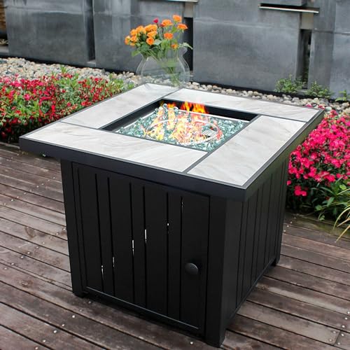 30″ Propane Fire Pit with Real Ceramic Tabletop, 50000 BTU Gas Firepit Table with Lid & Glass Rock, Outdoor Fire Pit for Dining or Party, Firepit for Outside, Patio, Garden, Yard