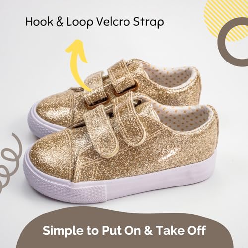 waddle wonder Toddler Shoes for Unisex-Child Princess Glitter Fashion Hook and Loop Easy On & Off Double Strap Laceless Casual Sparkly Sneaker Gold Size 6-103