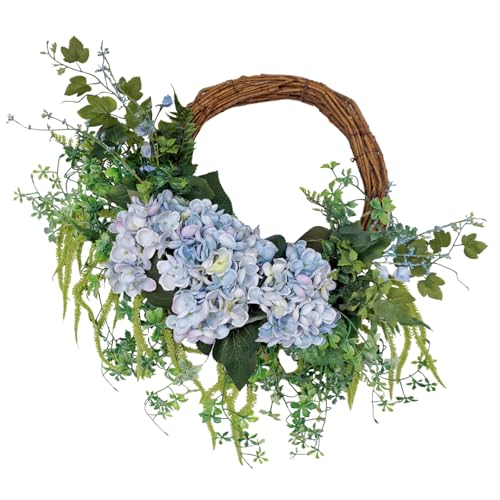 Hometrance 18 Inch Blue Faux Hydrangea Half Wreath Spring Summer Year-Round Floral Wreaths Decor Romantic Blooming Accent for Front Door Porch Living Room Bedroom Wall Wedding Decorations