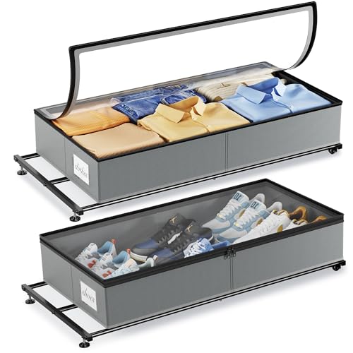 Yecaye Under Bed Storage with Wheels, 2 Pack Under Bed Storage Containers with Clear Lids, Rolling Underbed Organizer Drawer Bins for Clothes, Shoes, Toys, Blankets (Grey, 32 x 17 x 6.7 in)