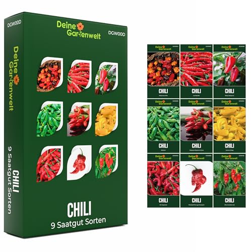 Chilisamen Set - 9 Sorten Samen - Saatgut Sortiment - Anzuchtset für Chilipflanzen - Geschenkset - Chilisorten von sehr mild bis extra scharf