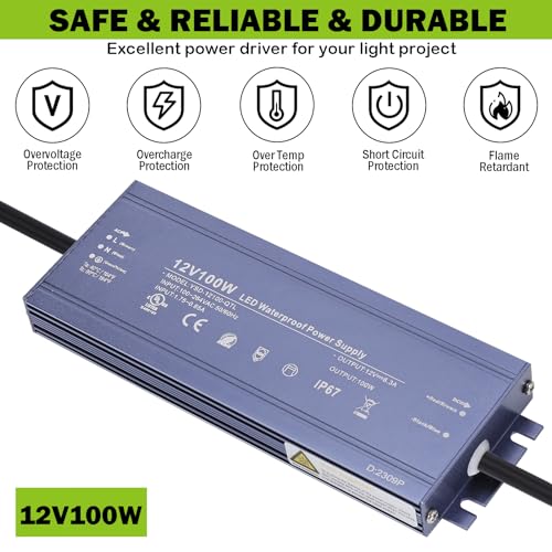Image of 12V 100W LED Driver Waterproof IP67 Ultra Thin Power Adapter -UL Listed | AC 100-264V to DC 12V 8.3A Low Voltage Transformers with 3-Prong Plug for Outdoor LED Light,Computer Project,3D Printer