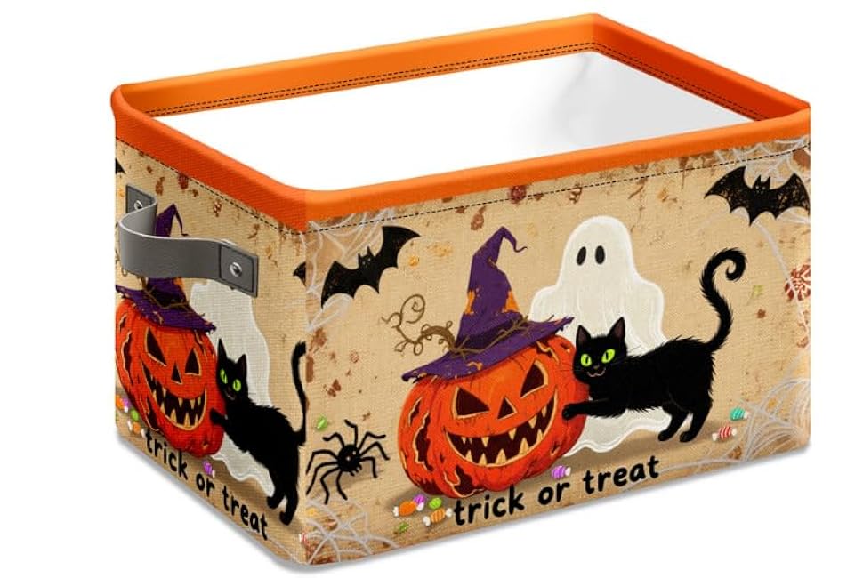 Halloween Baskets, Spooky Baskets Pumpkin Ghost Cat Trick or Treat Foldable Storage Bins Empty with Handles 14 x 10 x 8